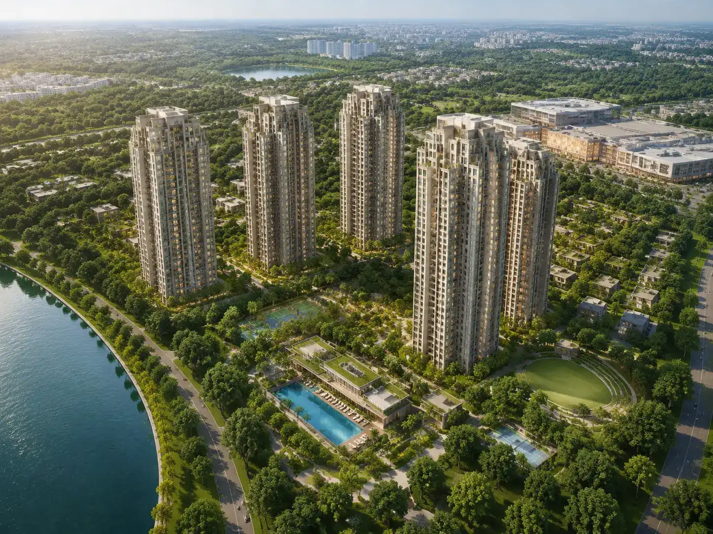 Aerial impression of the township with towers, gardens and lake.