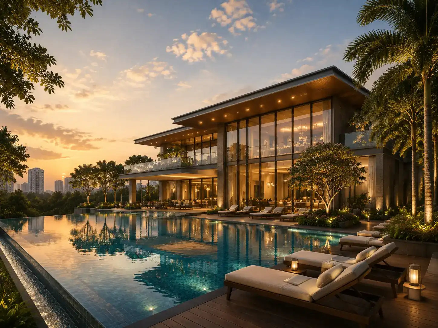 Impression of the grand clubhouse with pool deck.
