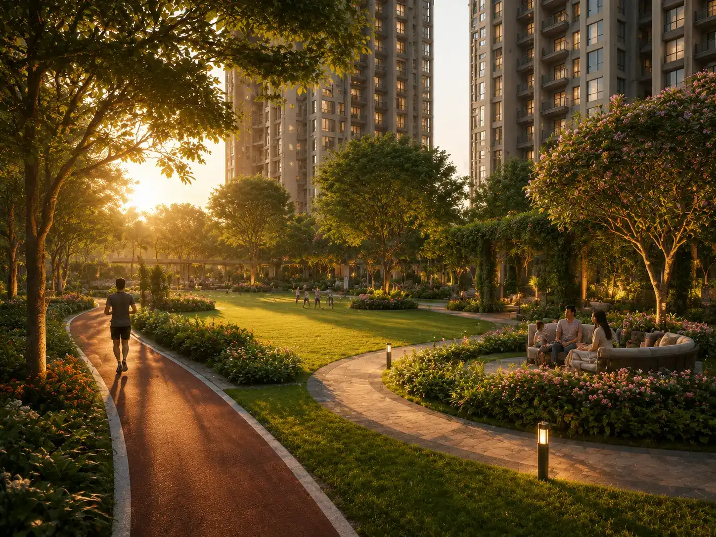 Impression of landscaped gardens and walking paths.