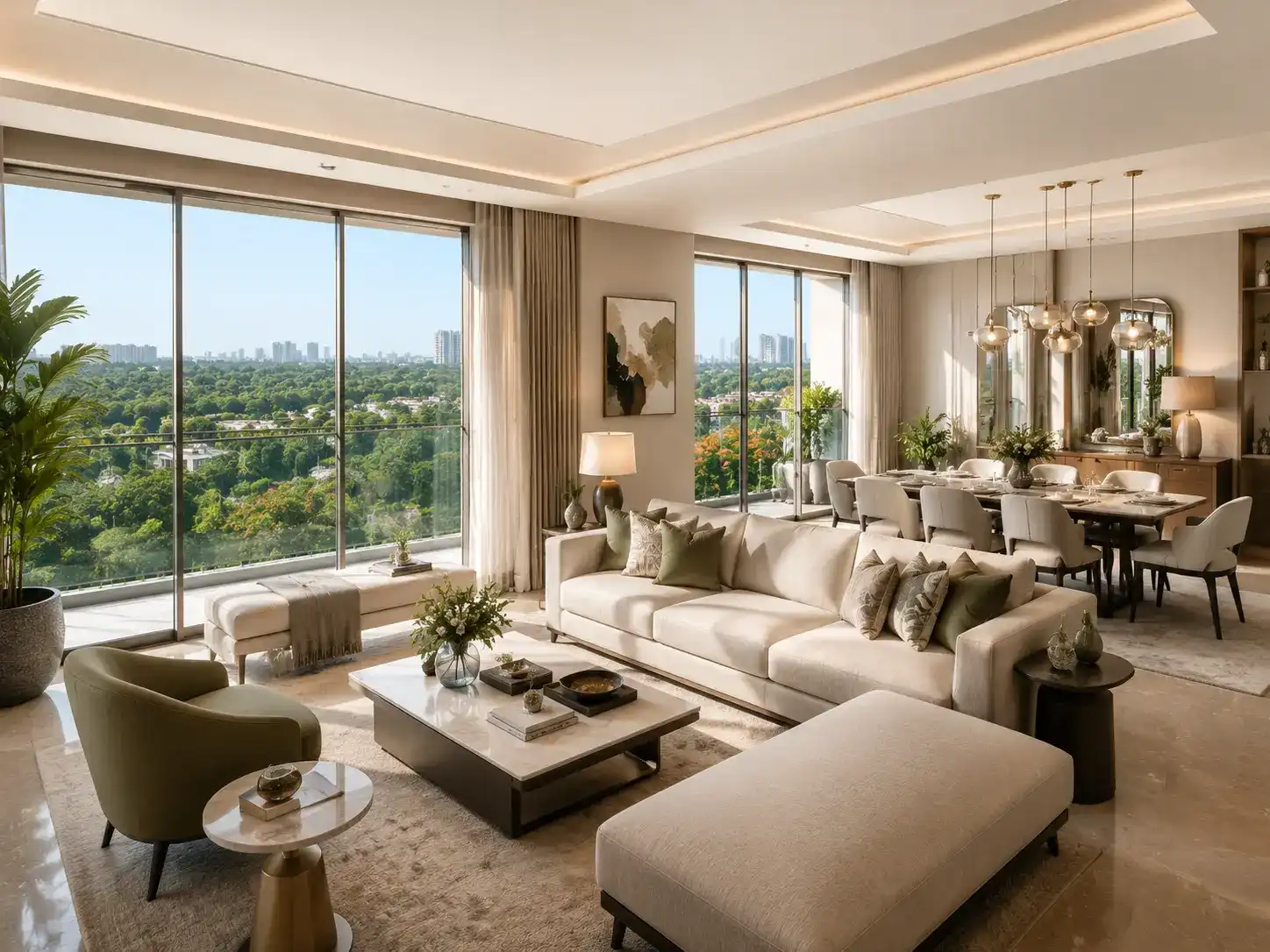 Impression of a bright 3 BHK living-dining interior.